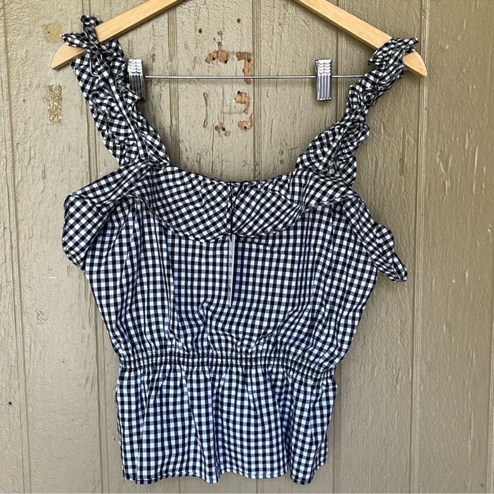 7 for all mankind Black and White Gingham Sleveless Ruffle Top - Picture 2 of 11